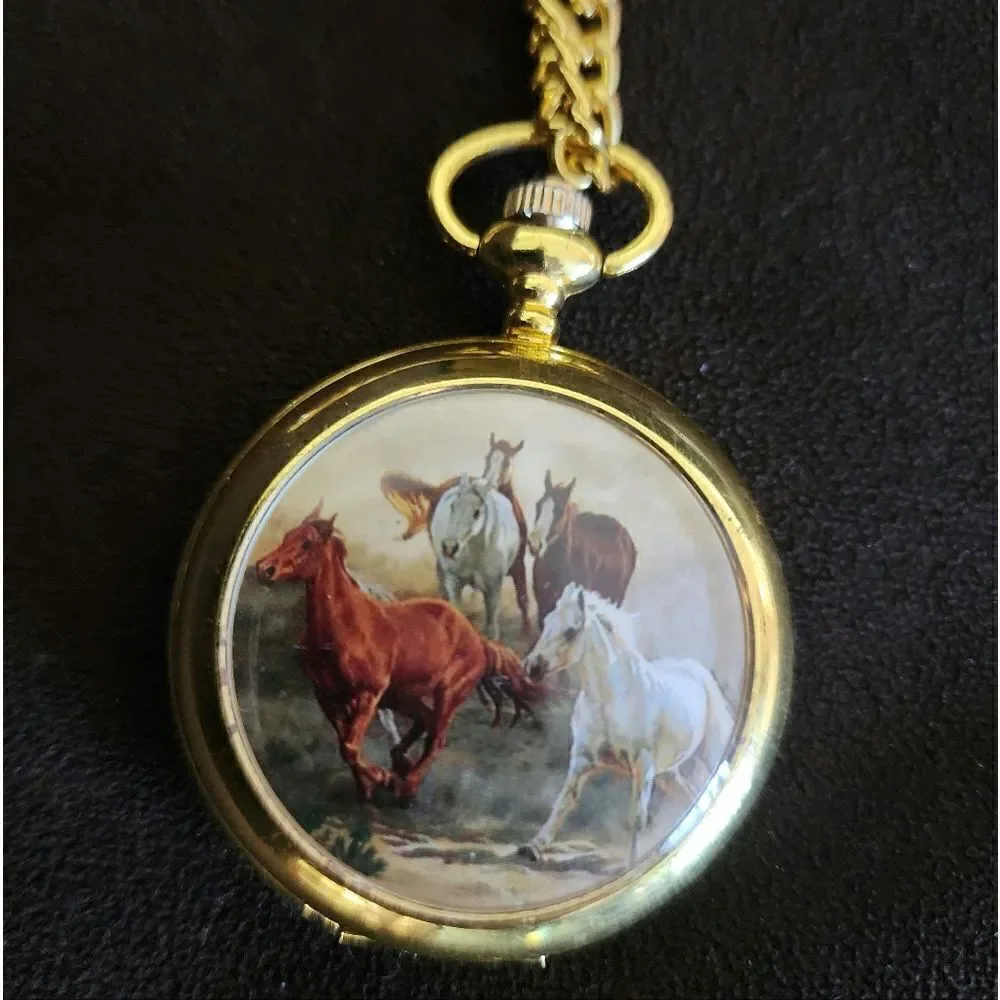 Vintage Gold horses pocket watch with chain